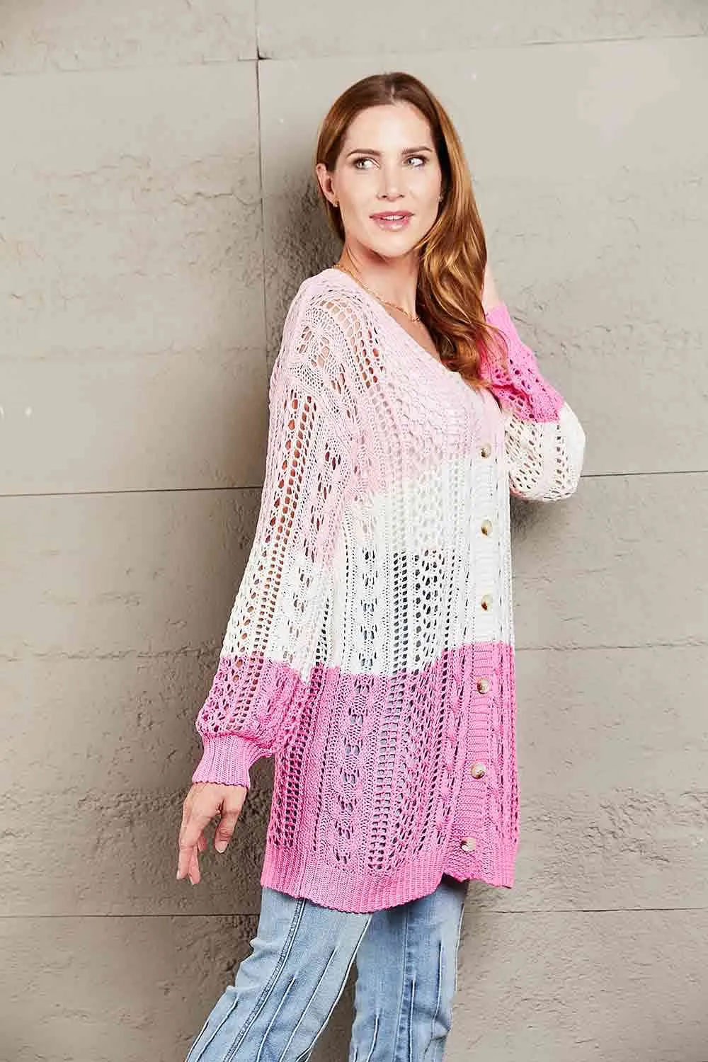 Double Take Openwork Ribbed Cuff Longline Cardigan