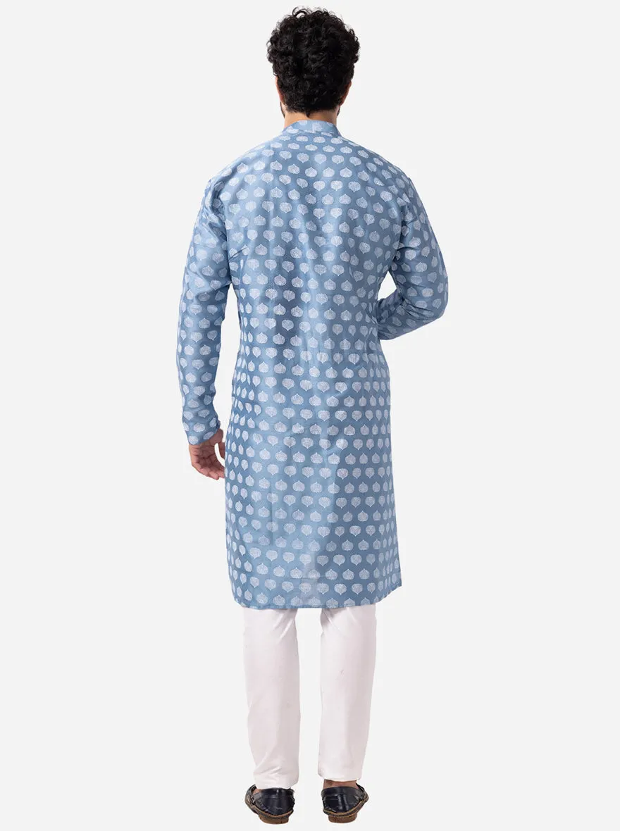 Ethnic Steel Blue Printed Kurta | The Kurta Company