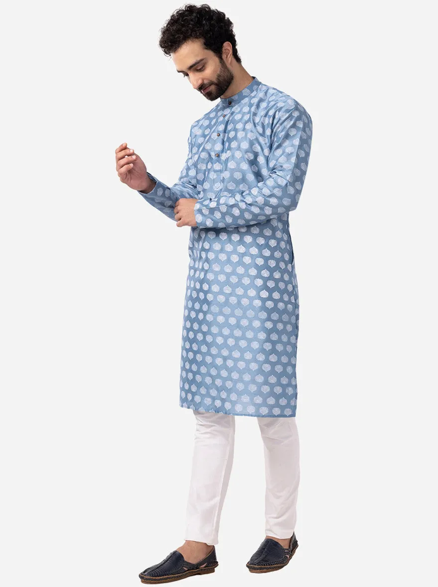 Ethnic Steel Blue Printed Kurta | The Kurta Company
