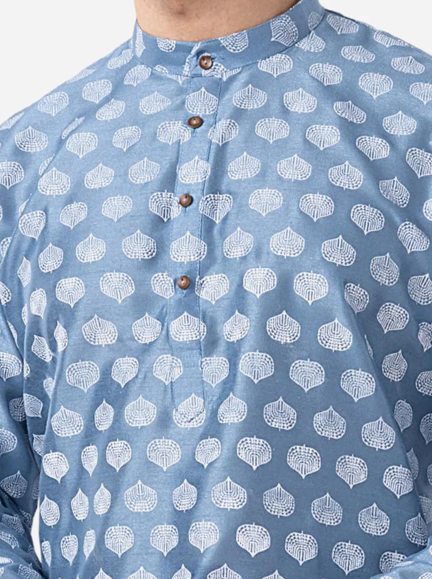 Ethnic Steel Blue Printed Kurta | The Kurta Company