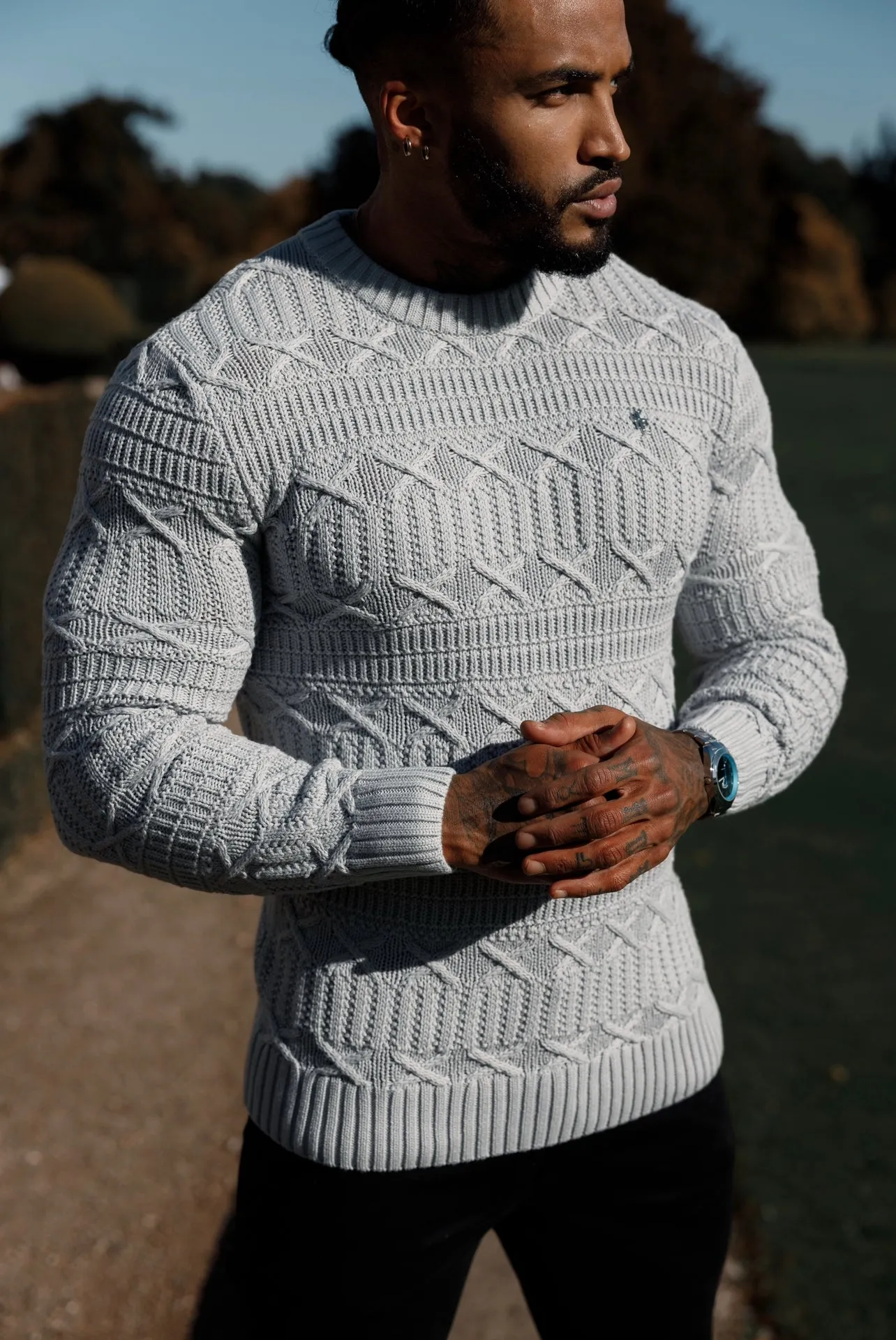 Father Sons Greyl Knitted Cable Link Crew Super Slim Jumper With Metal Decal - FSN072