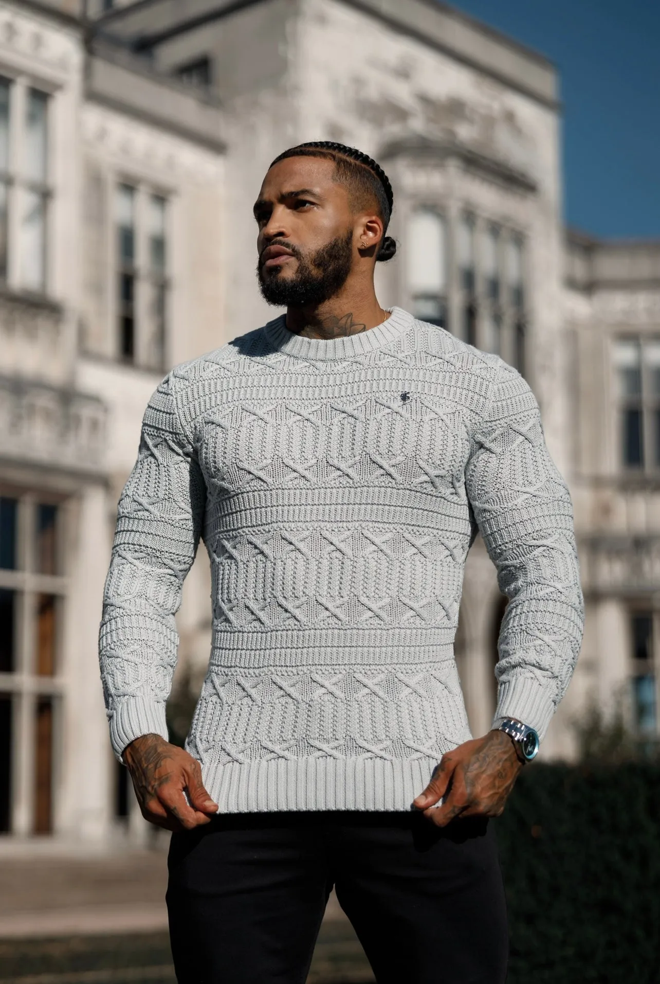 Father Sons Greyl Knitted Cable Link Crew Super Slim Jumper With Metal Decal - FSN072