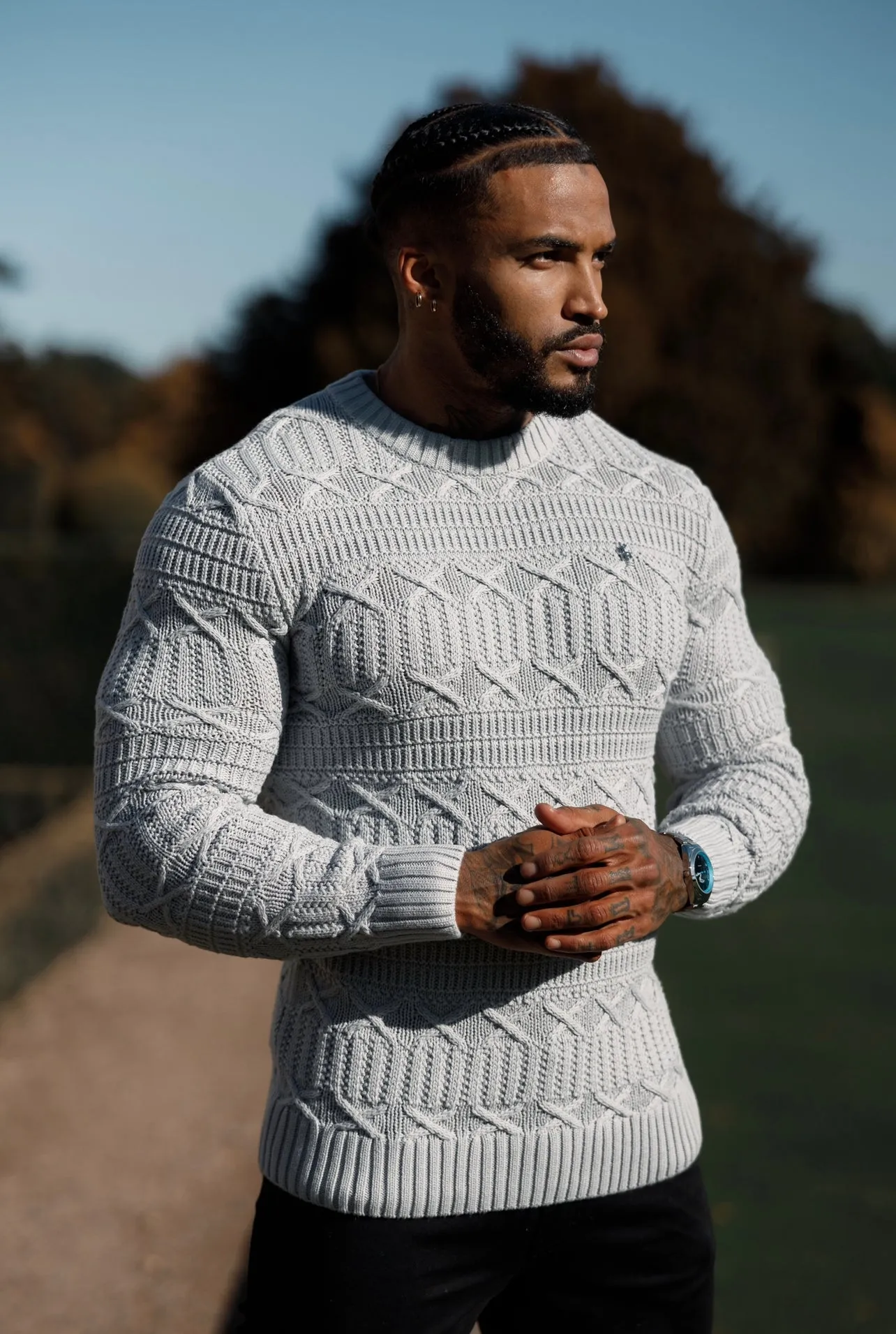 Father Sons Greyl Knitted Cable Link Crew Super Slim Jumper With Metal Decal - FSN072