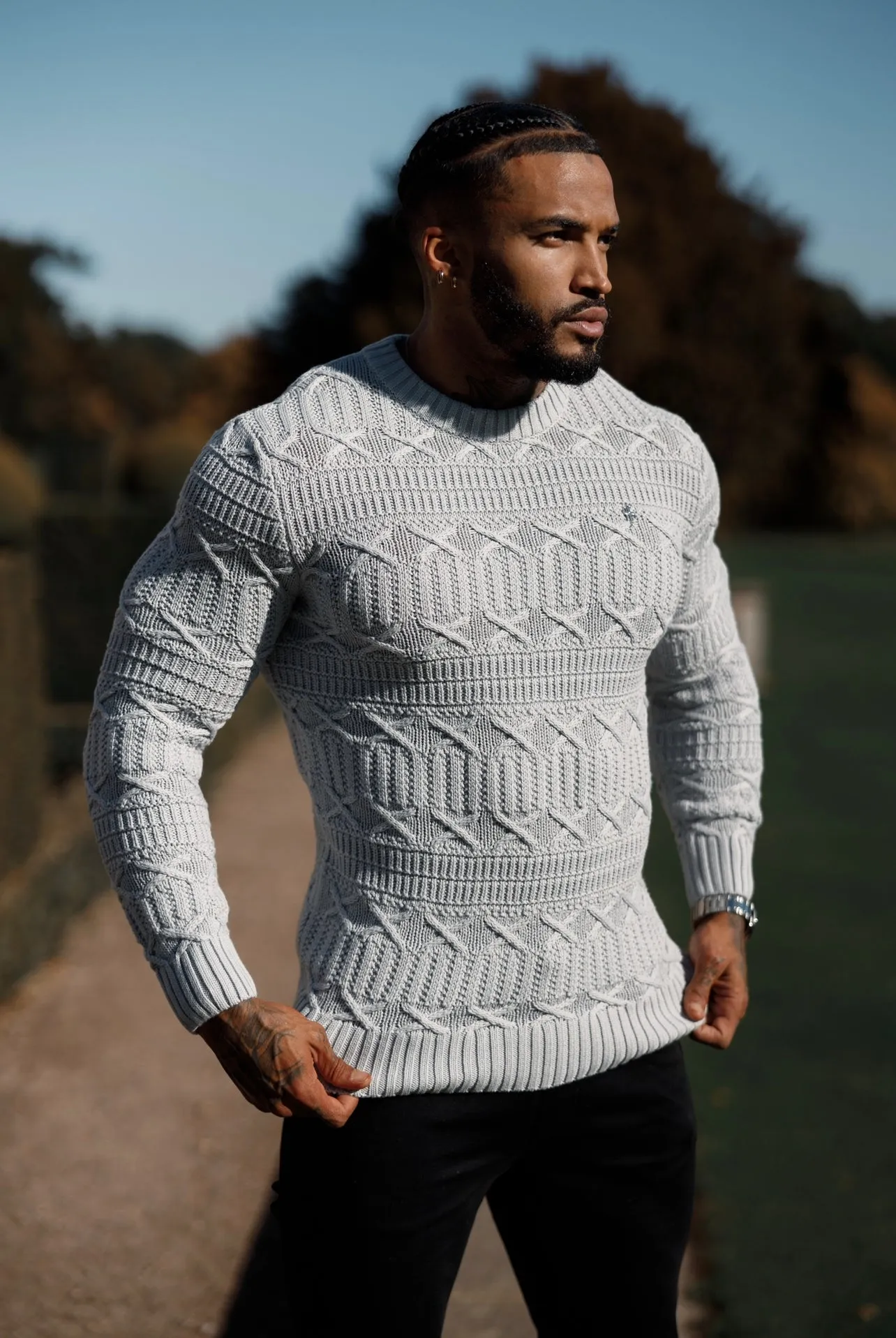 Father Sons Greyl Knitted Cable Link Crew Super Slim Jumper With Metal Decal - FSN072