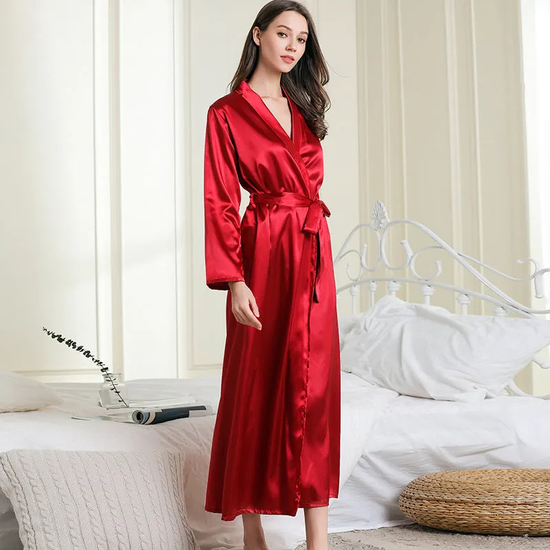 Faux Silk Lapel Long Nightgown Sexy Lace-up Pajamas