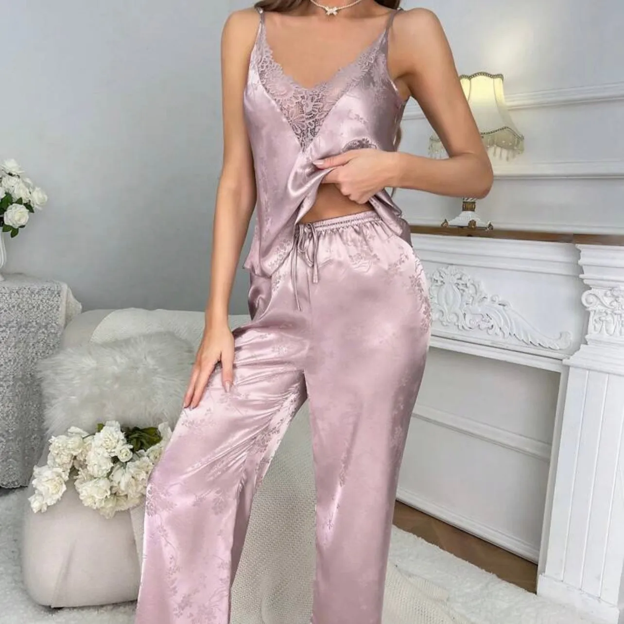 Flavie Floral Silk Pajamas Set - Lilac