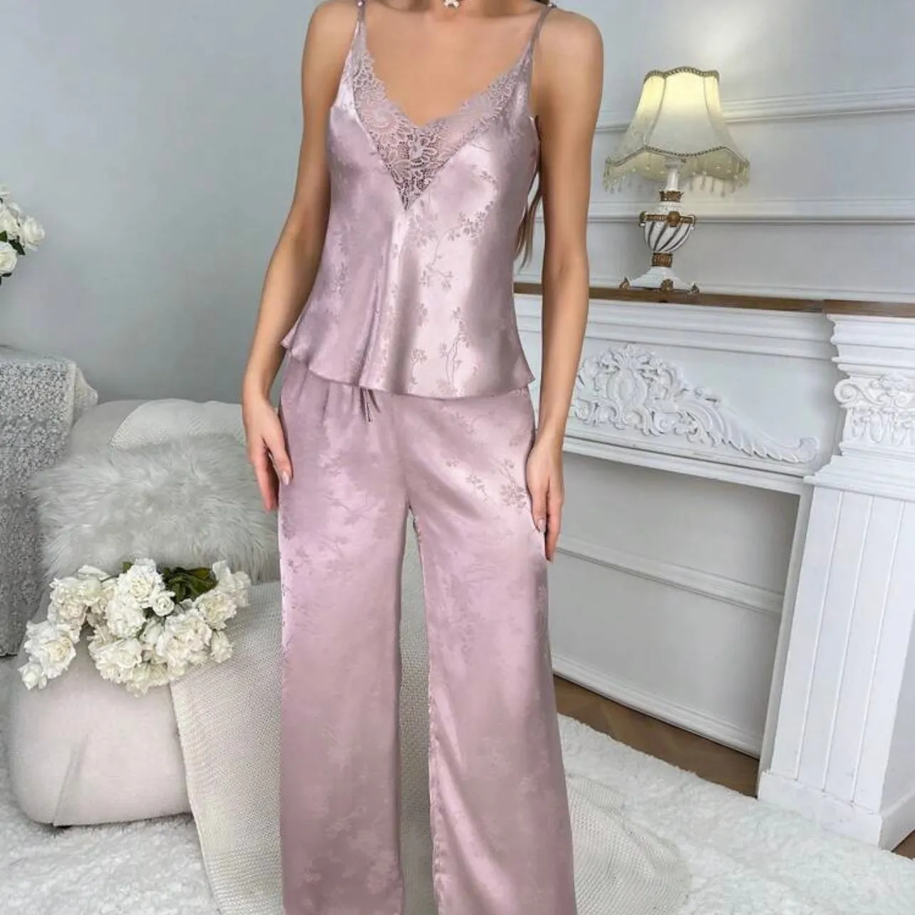 Flavie Floral Silk Pajamas Set - Lilac