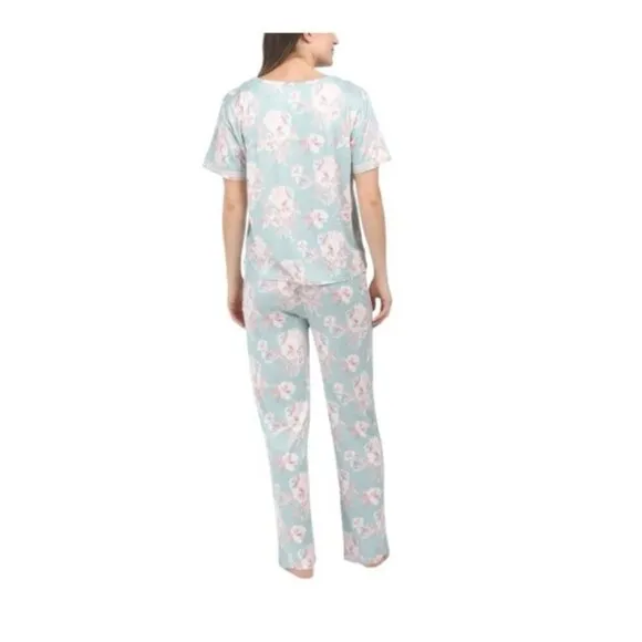 Flora Nikrooz Womens Green Floral Soft V Neck Top Pants Pajamas Set Sz M NWT