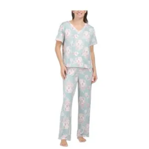 Flora Nikrooz Womens Green Floral Soft V Neck Top Pants Pajamas Set Sz M NWT