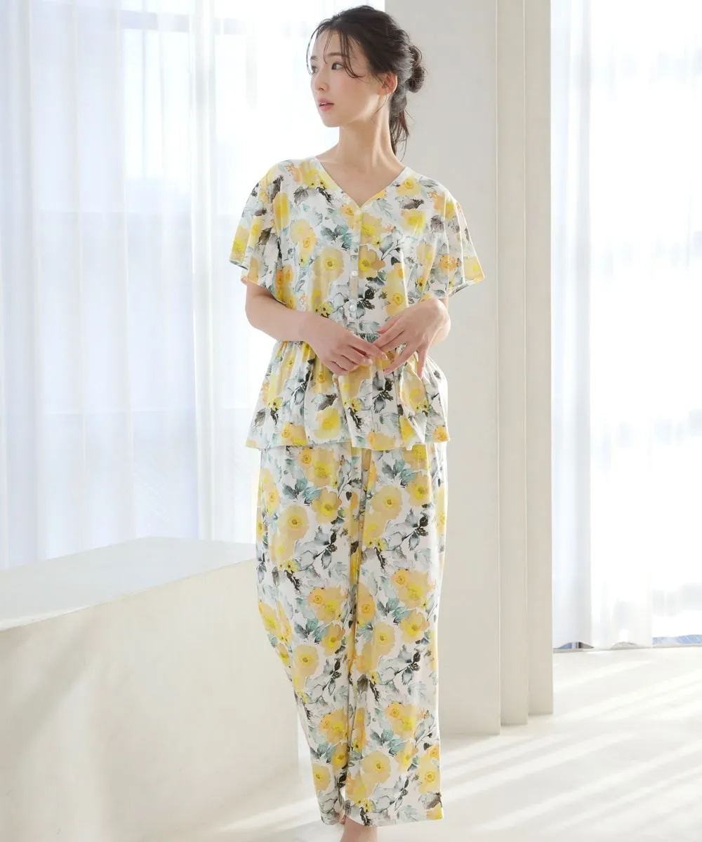 Floral Print Frill Sleeve Top-Bottom Set