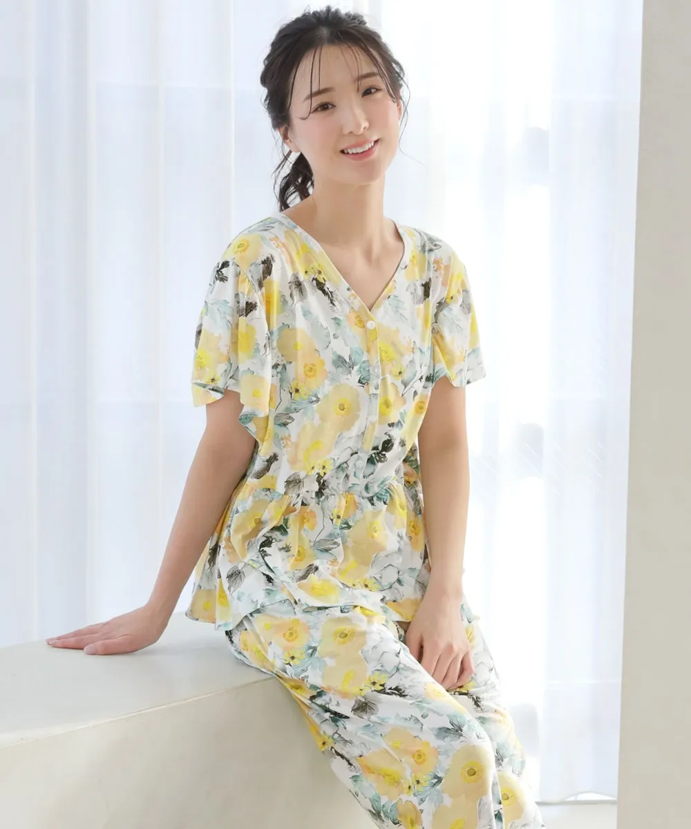 Floral Print Frill Sleeve Top-Bottom Set
