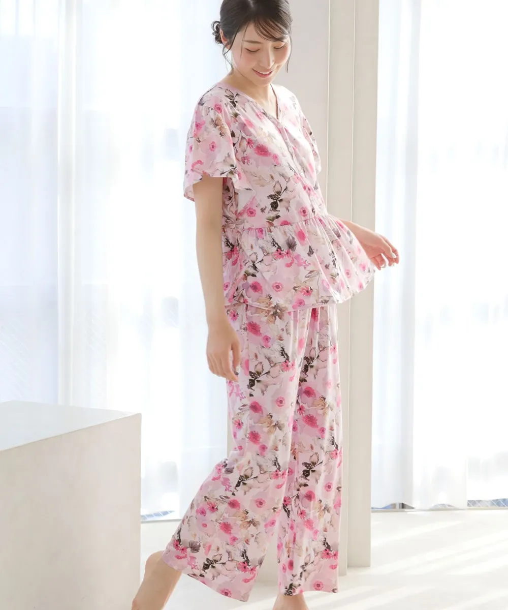 Floral Print Frill Sleeve Top-Bottom Set
