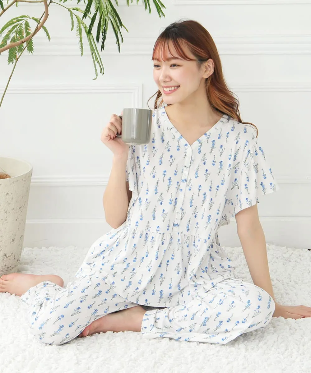 Floral Print Frill Sleeve Top-Bottom Set
