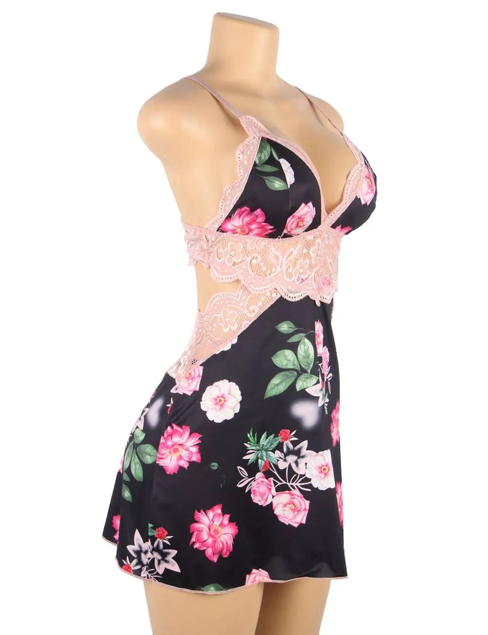Floral Print Lace-up Babydoll Without Underwire