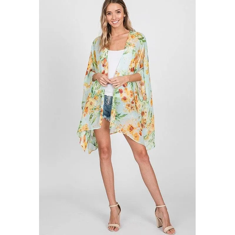 Flower chiffon open front kimono
