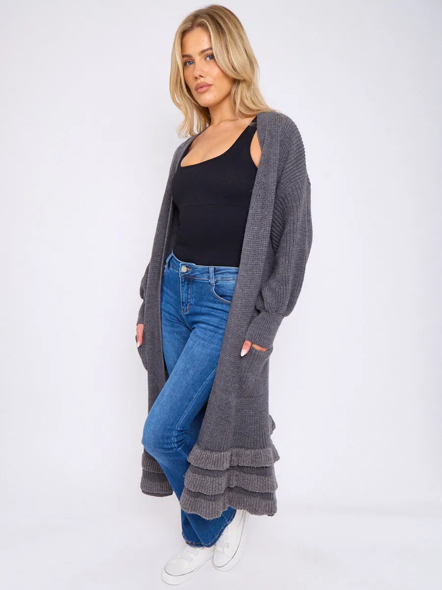 Frill Hem Balloon Sleeves Knitted Open Cardigan