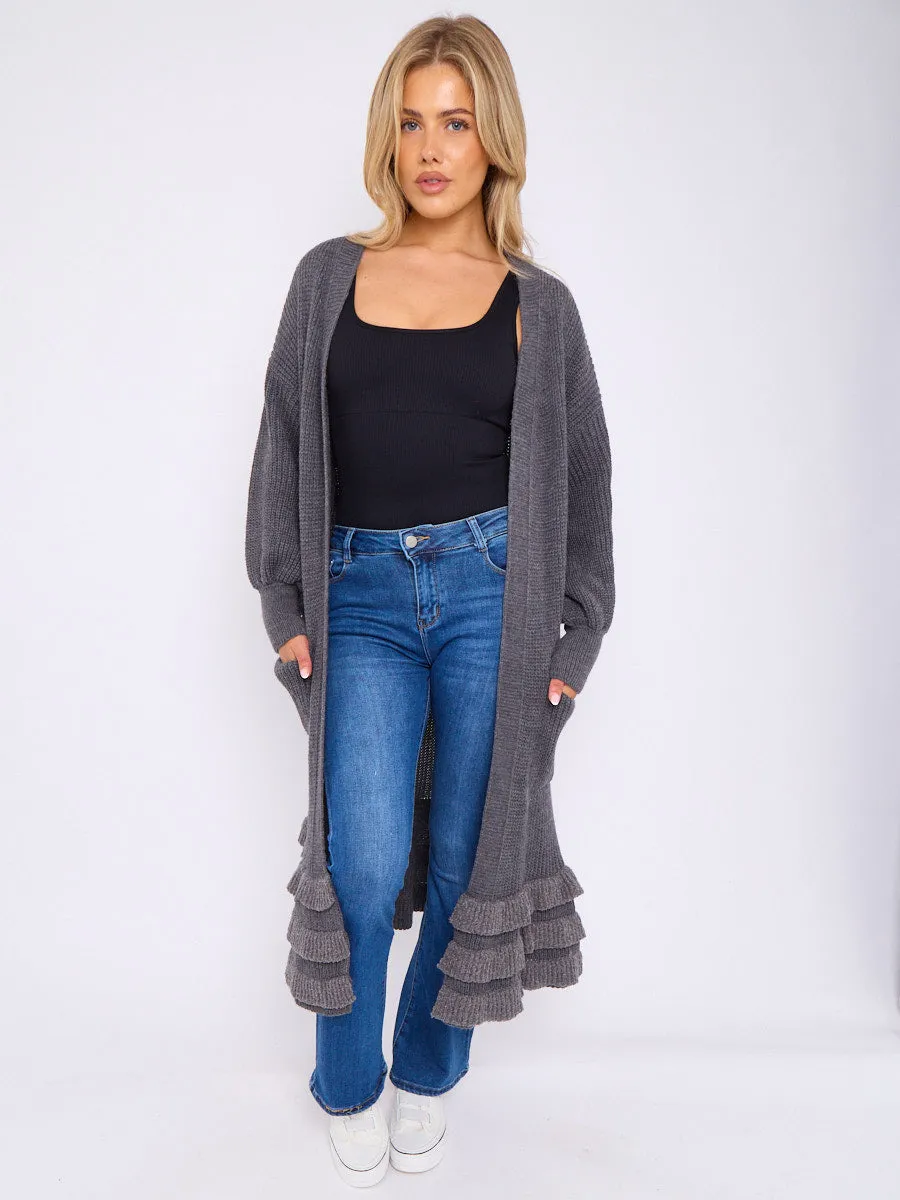 Frill Hem Balloon Sleeves Knitted Open Cardigan