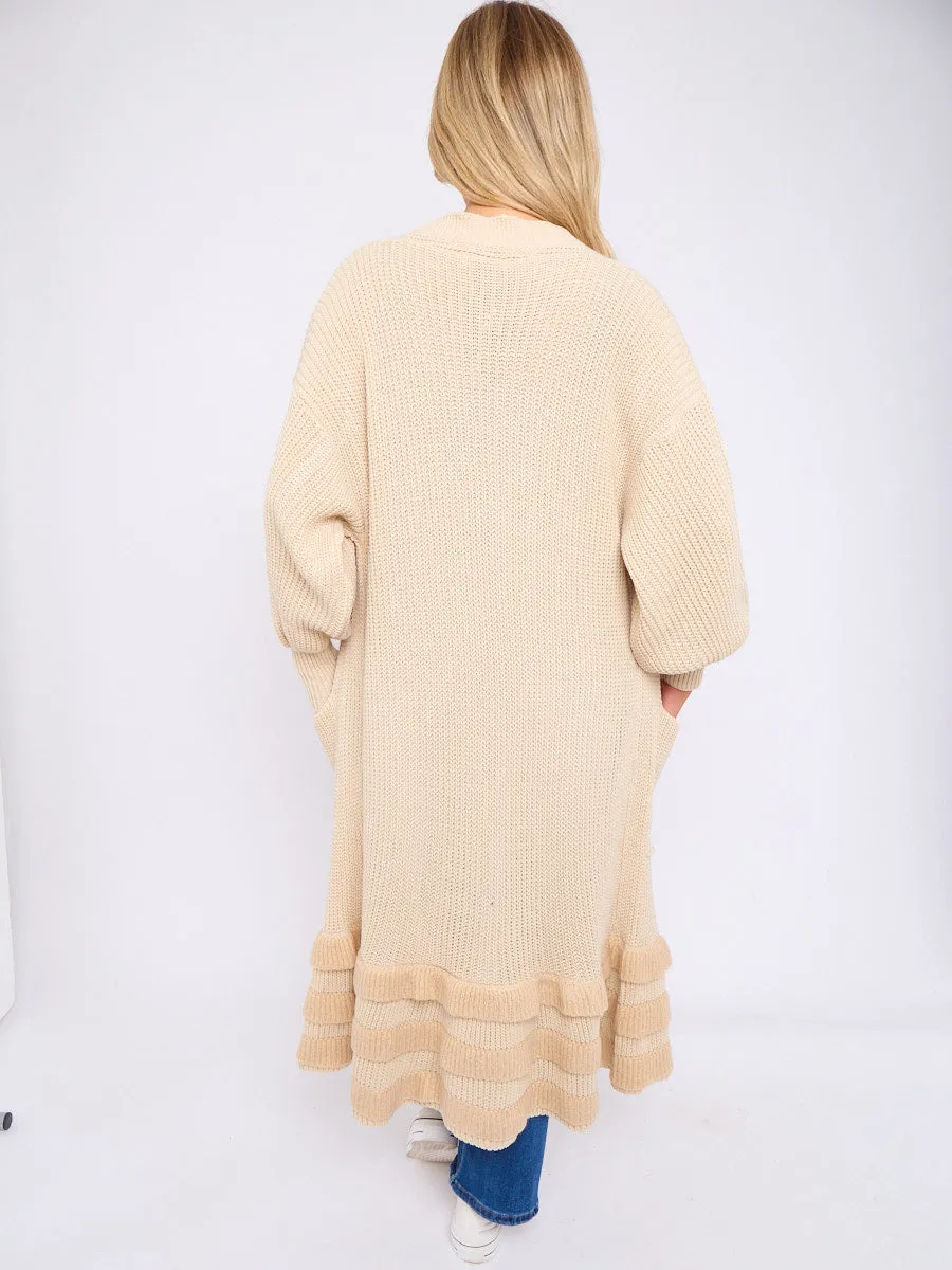Frill Hem Balloon Sleeves Knitted Open Cardigan
