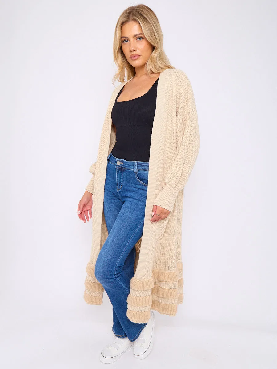 Frill Hem Balloon Sleeves Knitted Open Cardigan