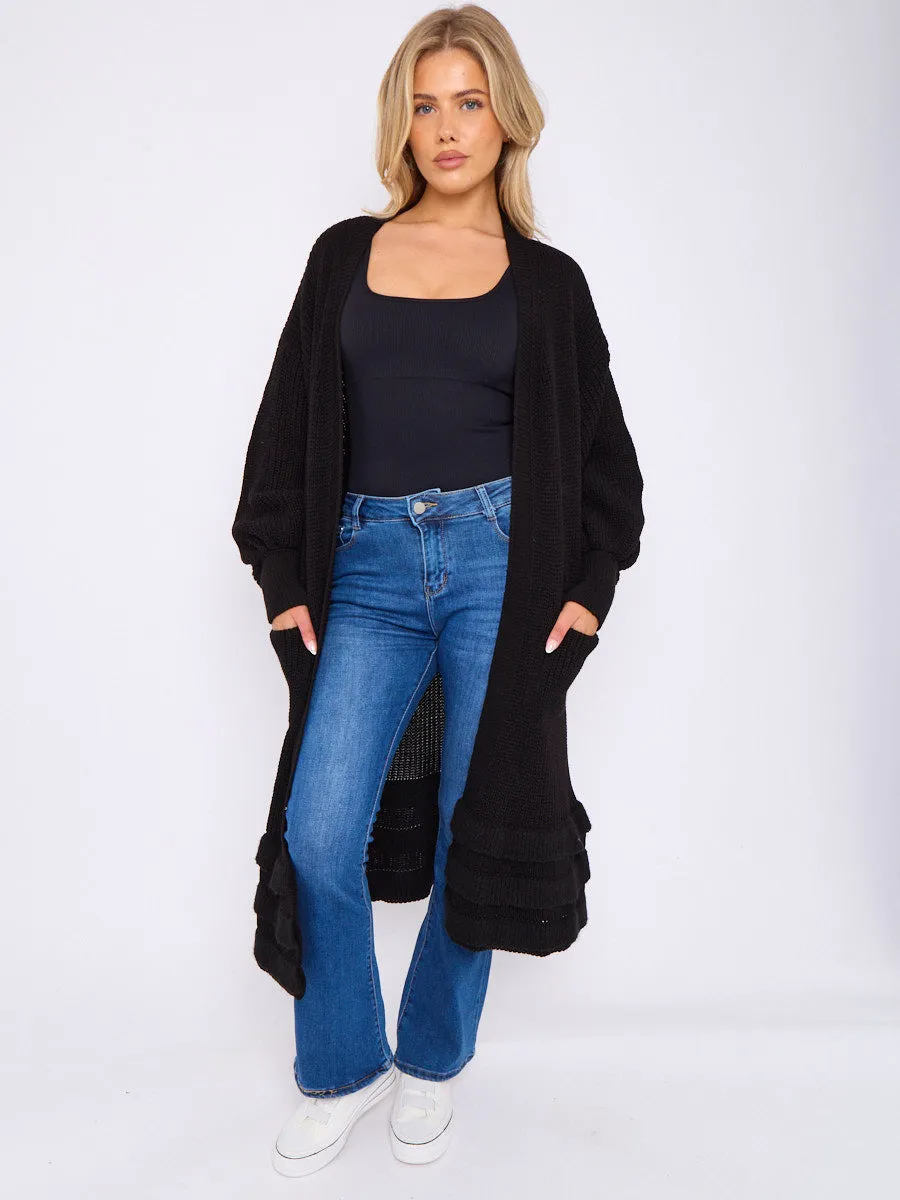 Frill Hem Balloon Sleeves Knitted Open Cardigan