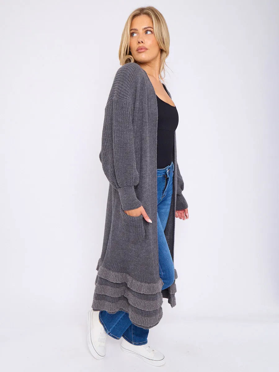 Frill Hem Balloon Sleeves Knitted Open Cardigan