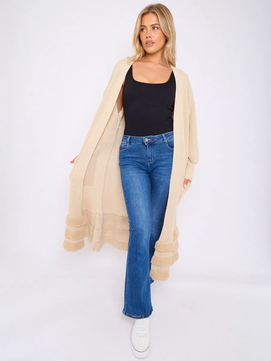 Frill Hem Balloon Sleeves Knitted Open Cardigan
