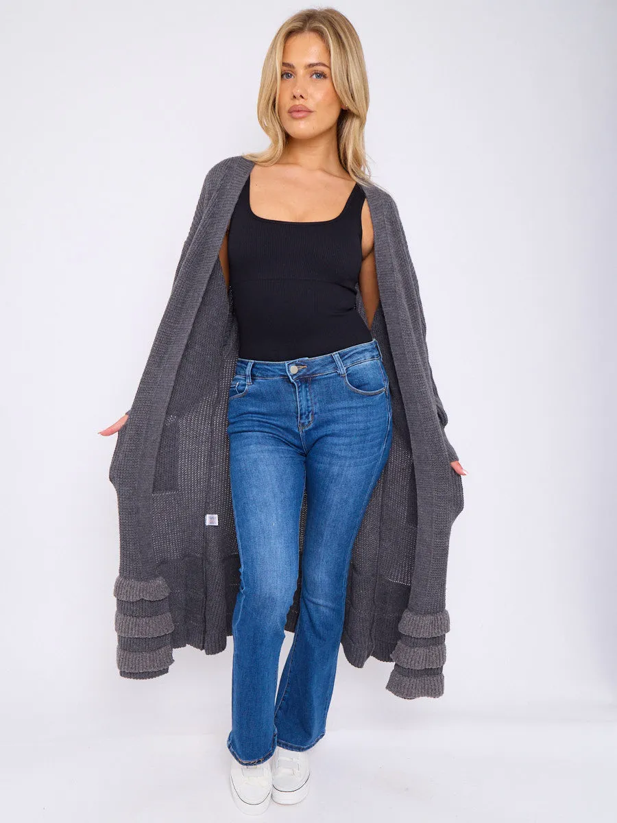 Frill Hem Balloon Sleeves Knitted Open Cardigan