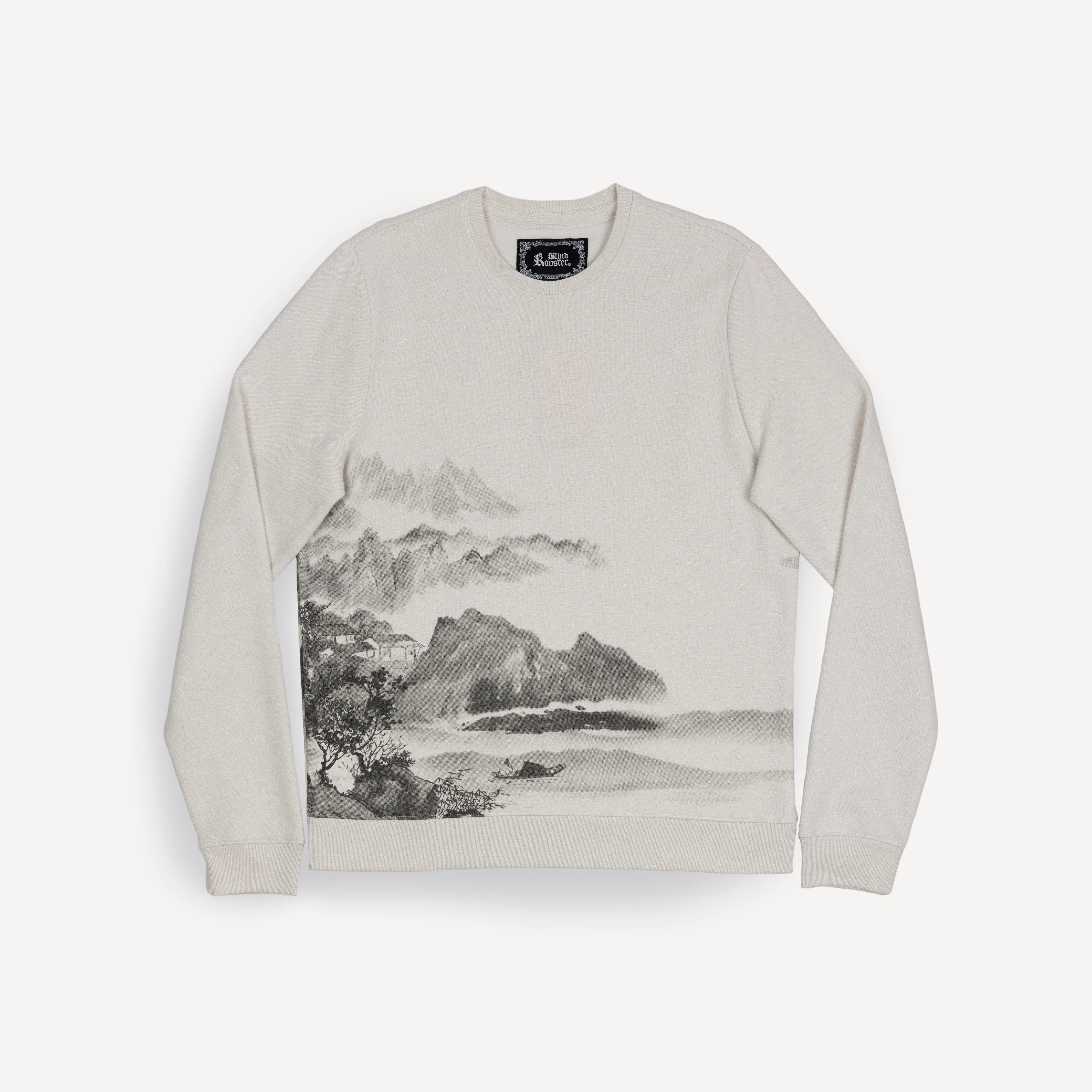 Gender Neutral Graphic Wraparound Crewneck Sweatshirt - Oyster Mushroom / Asian Mountain