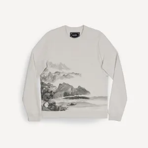 Gender Neutral Graphic Wraparound Crewneck Sweatshirt - Oyster Mushroom / Asian Mountain