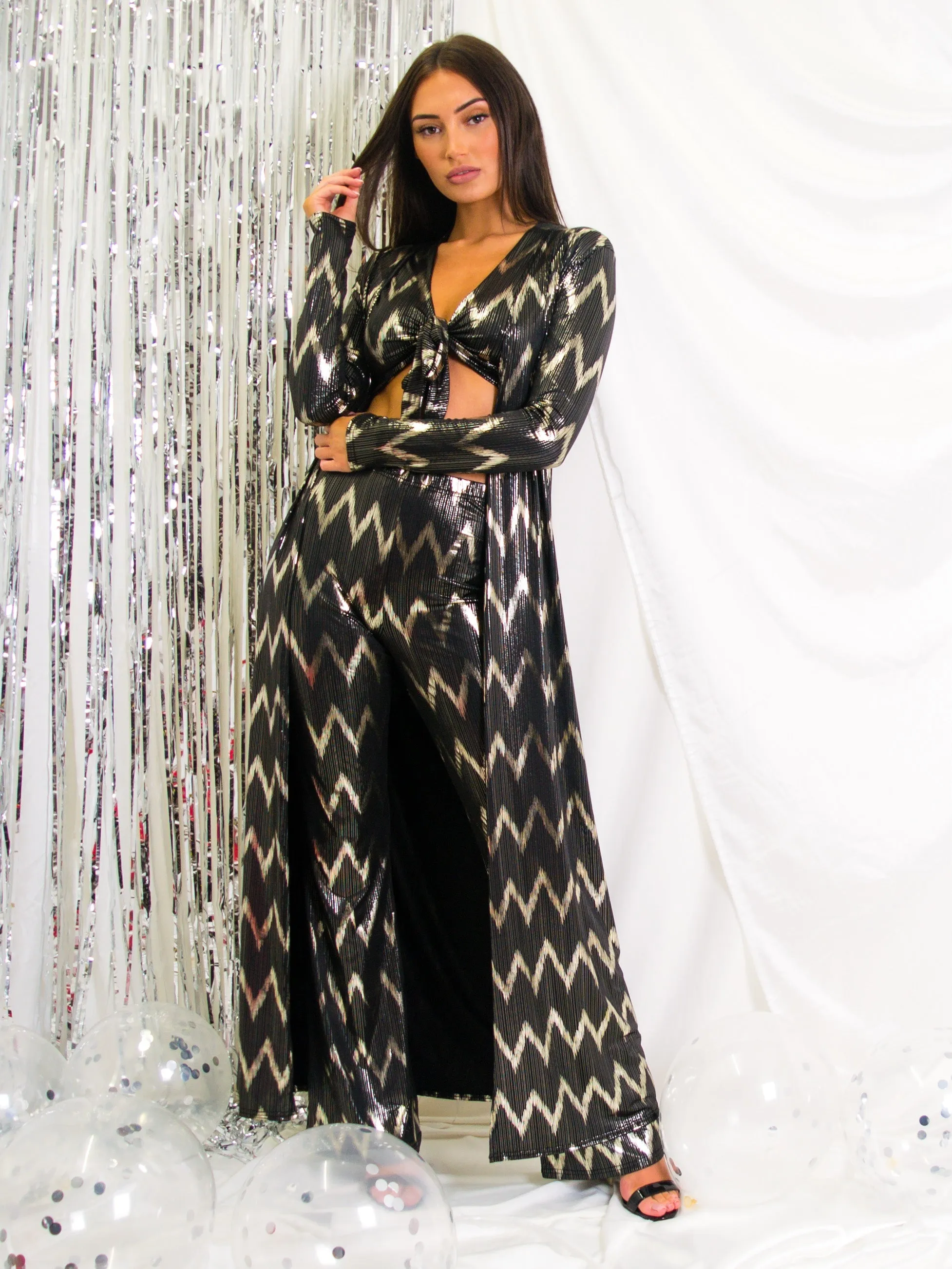 Gold Foil Chevron Print Longline Open Cardigan