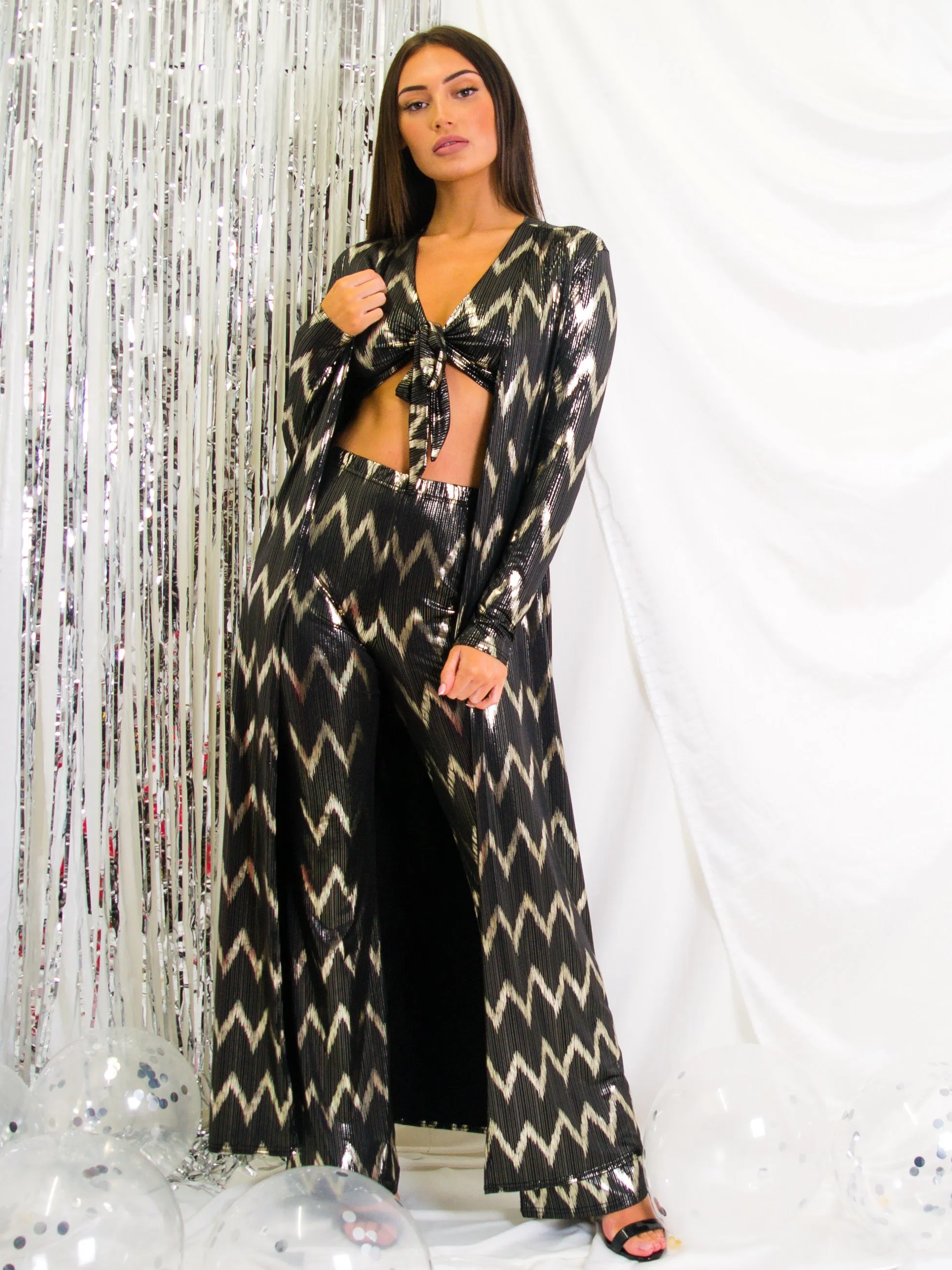 Gold Foil Chevron Print Longline Open Cardigan