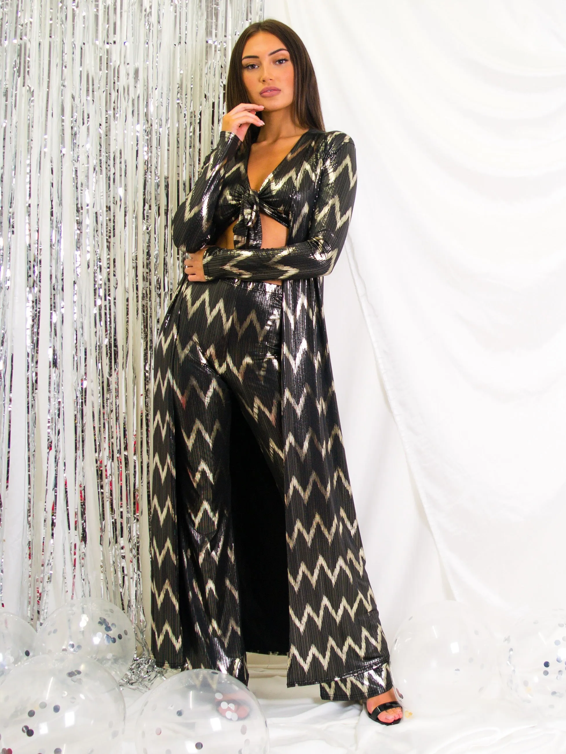 Gold Foil Chevron Print Longline Open Cardigan