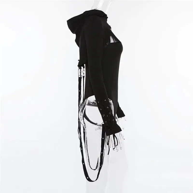 Gothic Style Cropped Back Lace Up Hoodie