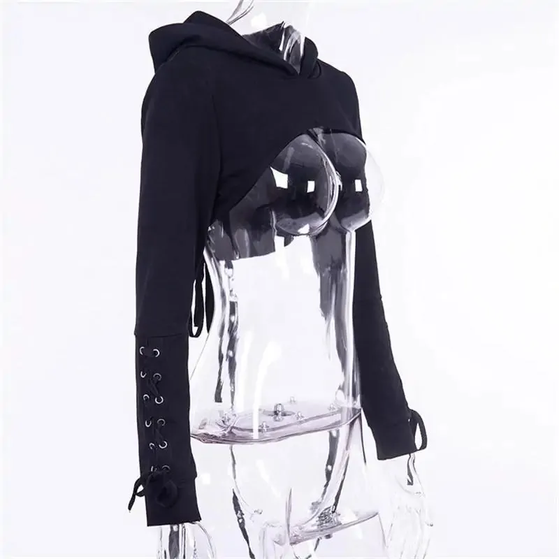 Gothic Style Cropped Back Lace Up Hoodie