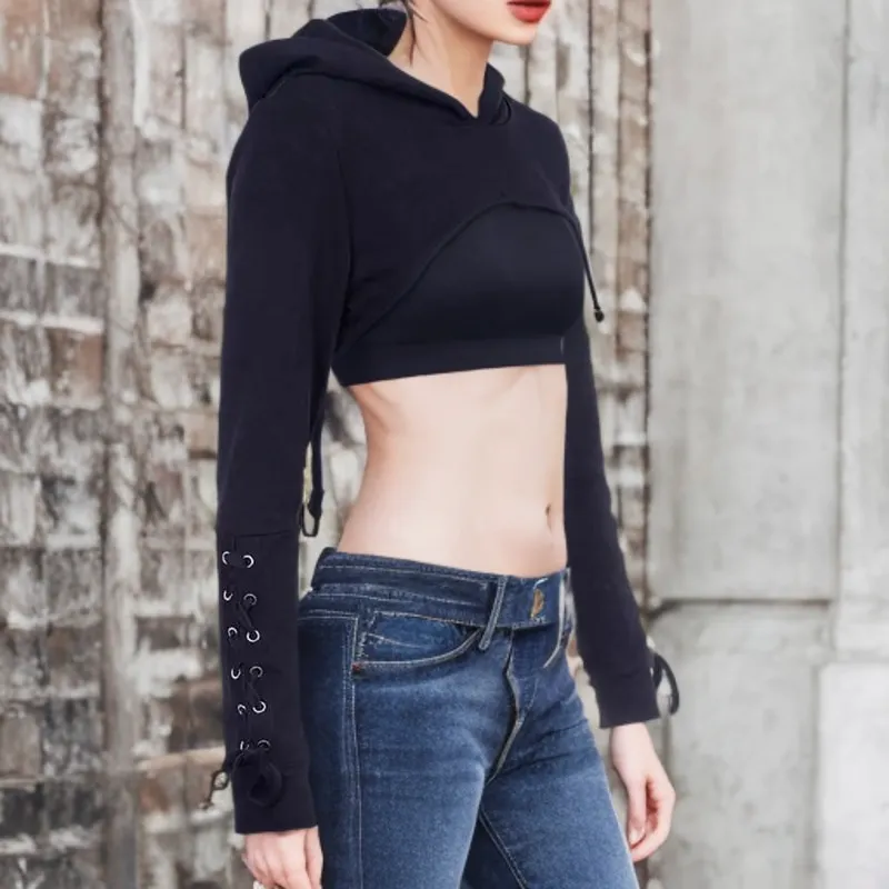 Gothic Style Cropped Back Lace Up Hoodie