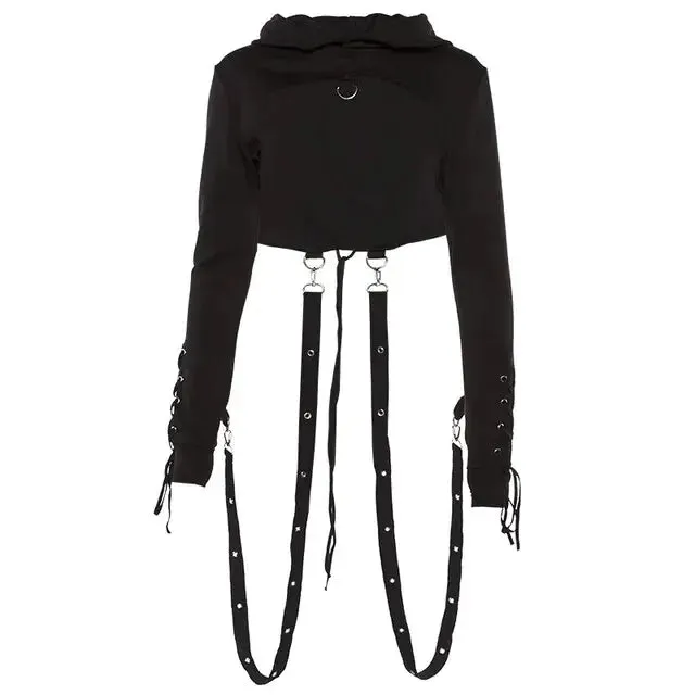 Gothic Style Cropped Back Lace Up Hoodie