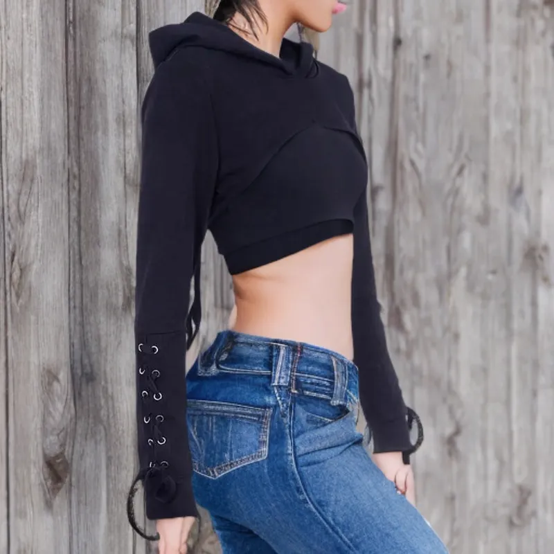 Gothic Style Cropped Back Lace Up Hoodie