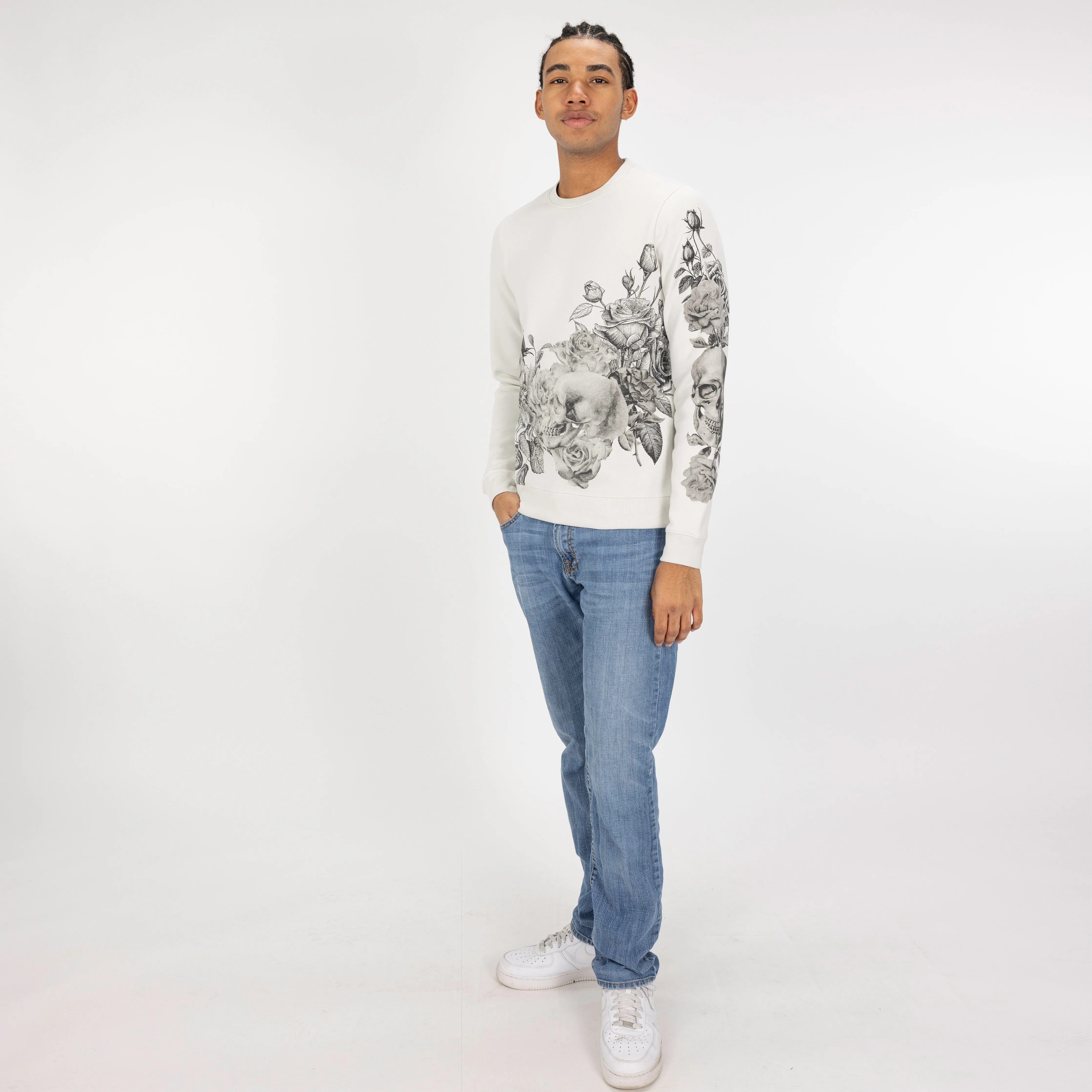 Graphic Wraparound Crewneck Pullover Sweatshirt - Oyster Mushroom / Skull and Roses