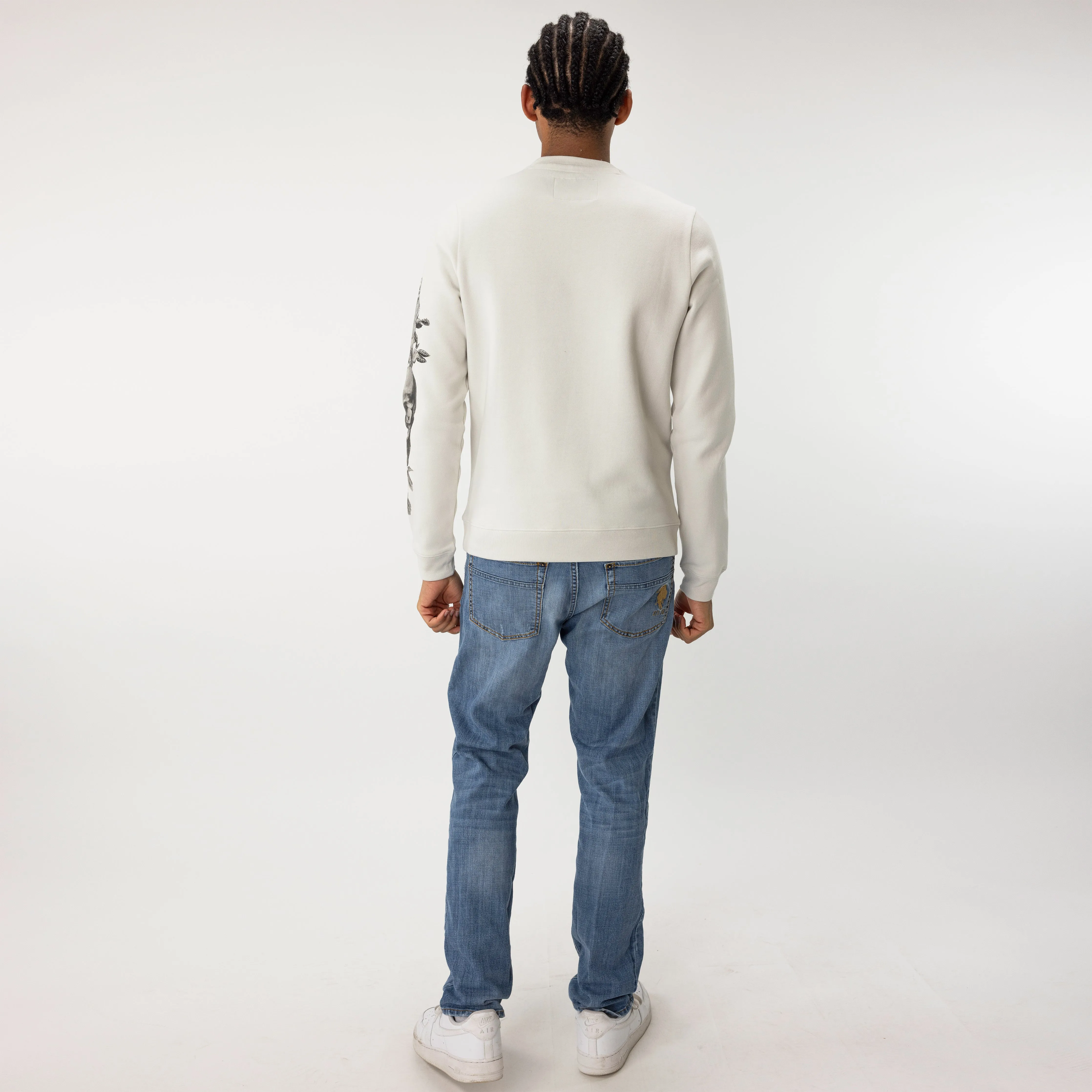 Graphic Wraparound Crewneck Pullover Sweatshirt - Oyster Mushroom / Skull and Roses