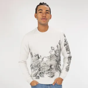 Graphic Wraparound Crewneck Pullover Sweatshirt - Oyster Mushroom / Skull and Roses