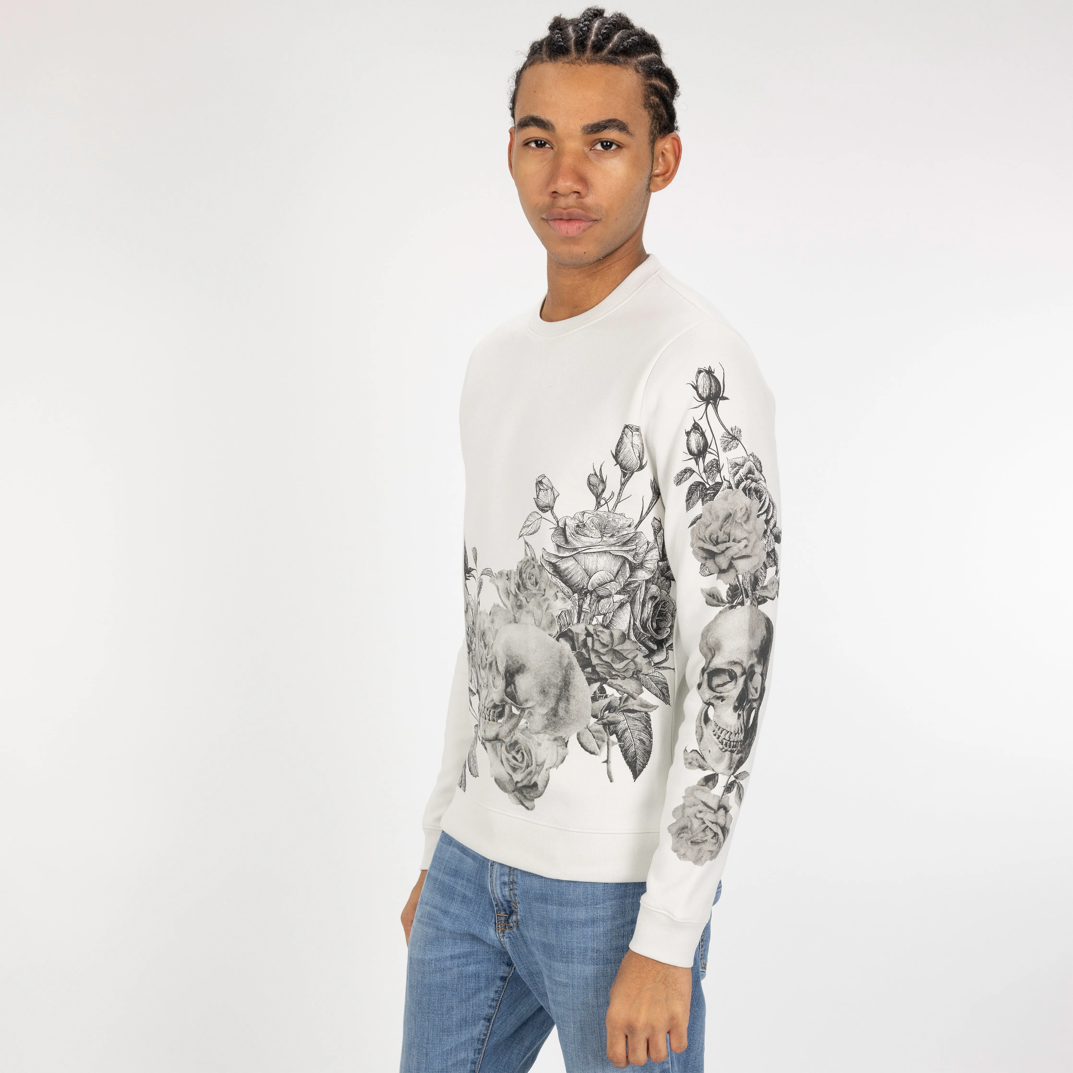 Graphic Wraparound Crewneck Pullover Sweatshirt - Oyster Mushroom / Skull and Roses