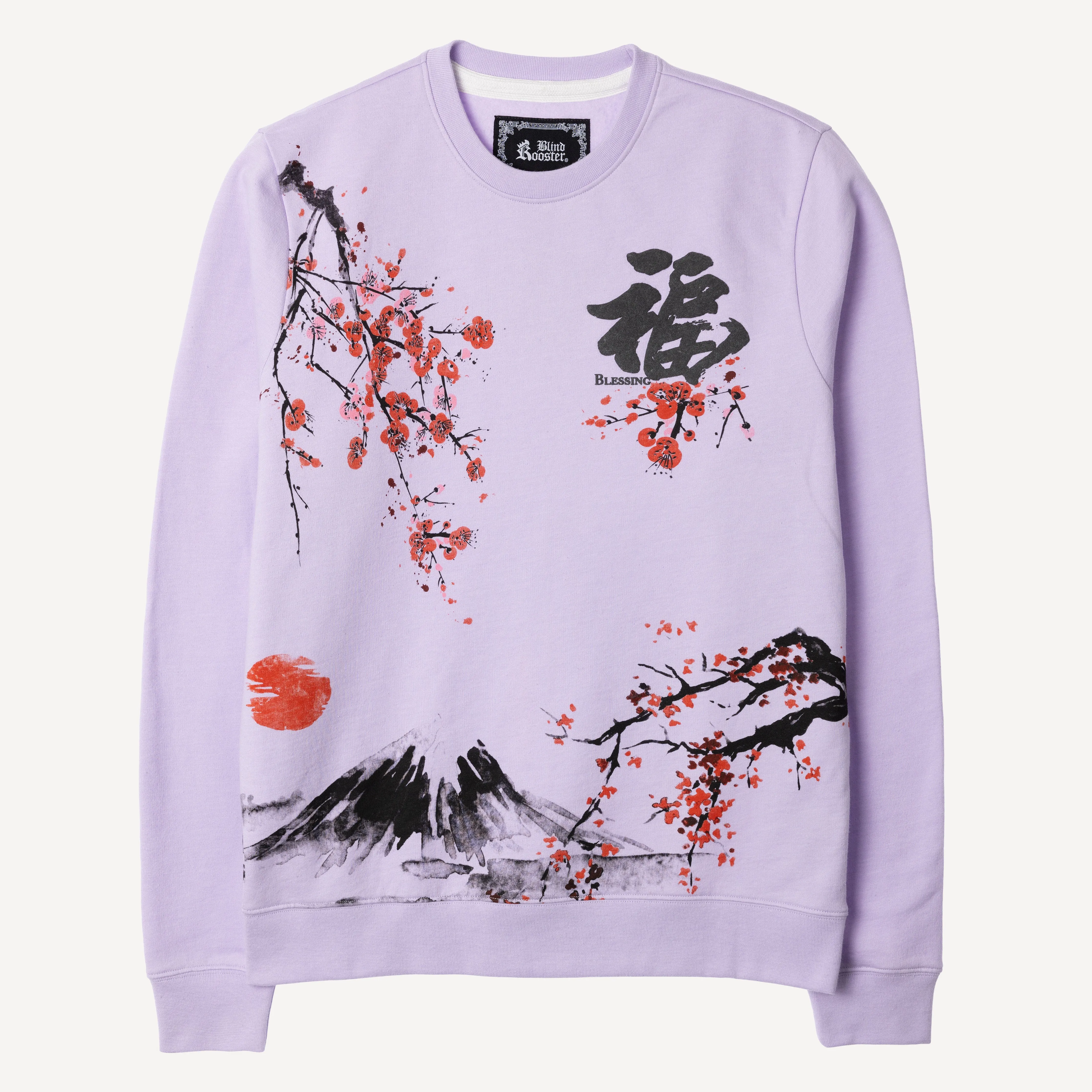 Graphic Wraparound Crewneck Sweatshirt - Pastel Lilac / Kanji Blessing