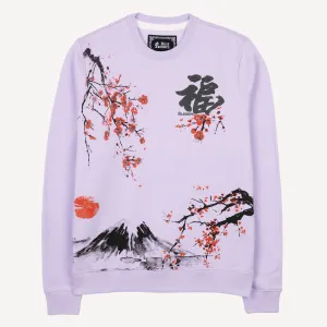 Graphic Wraparound Crewneck Sweatshirt - Pastel Lilac / Kanji Blessing
