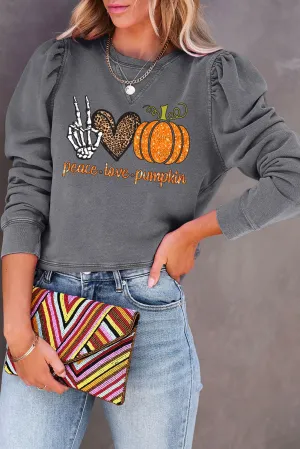 Gray Halloween Slogan Graphic Puff Sleeve Sweatshirt