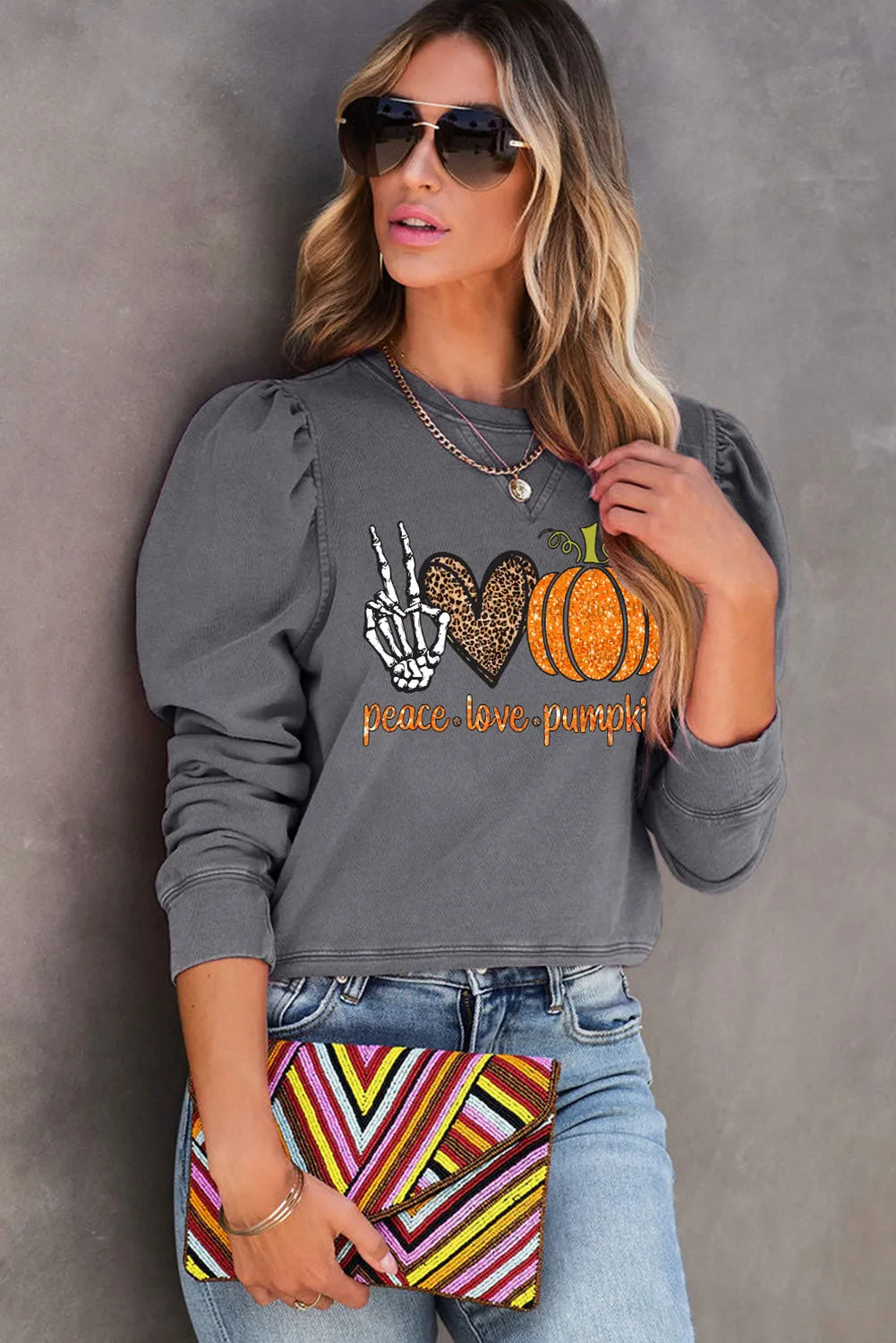 Gray Halloween Slogan Graphic Puff Sleeve Sweatshirt