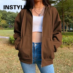Gray Oversize Hooded Zip-Up Sweatshirt