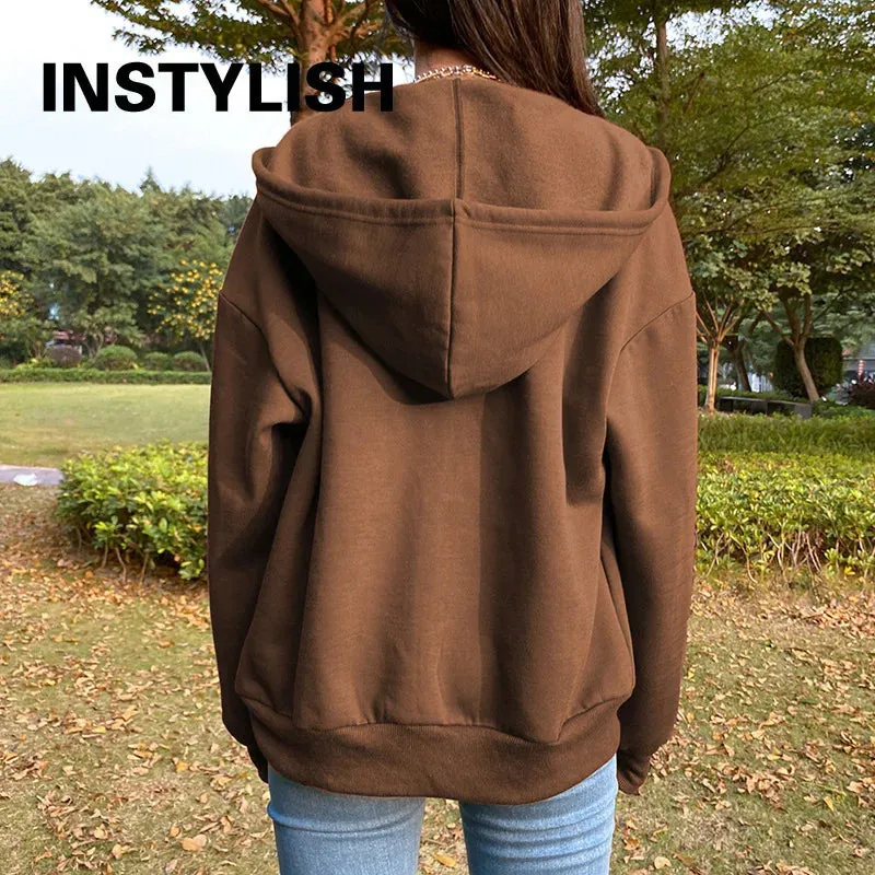 Gray Oversize Hooded Zip-Up Sweatshirt
