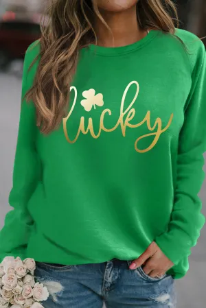 Green Lucky Glitter Graphic Raglan Sleeve Pullover Sweatshirt