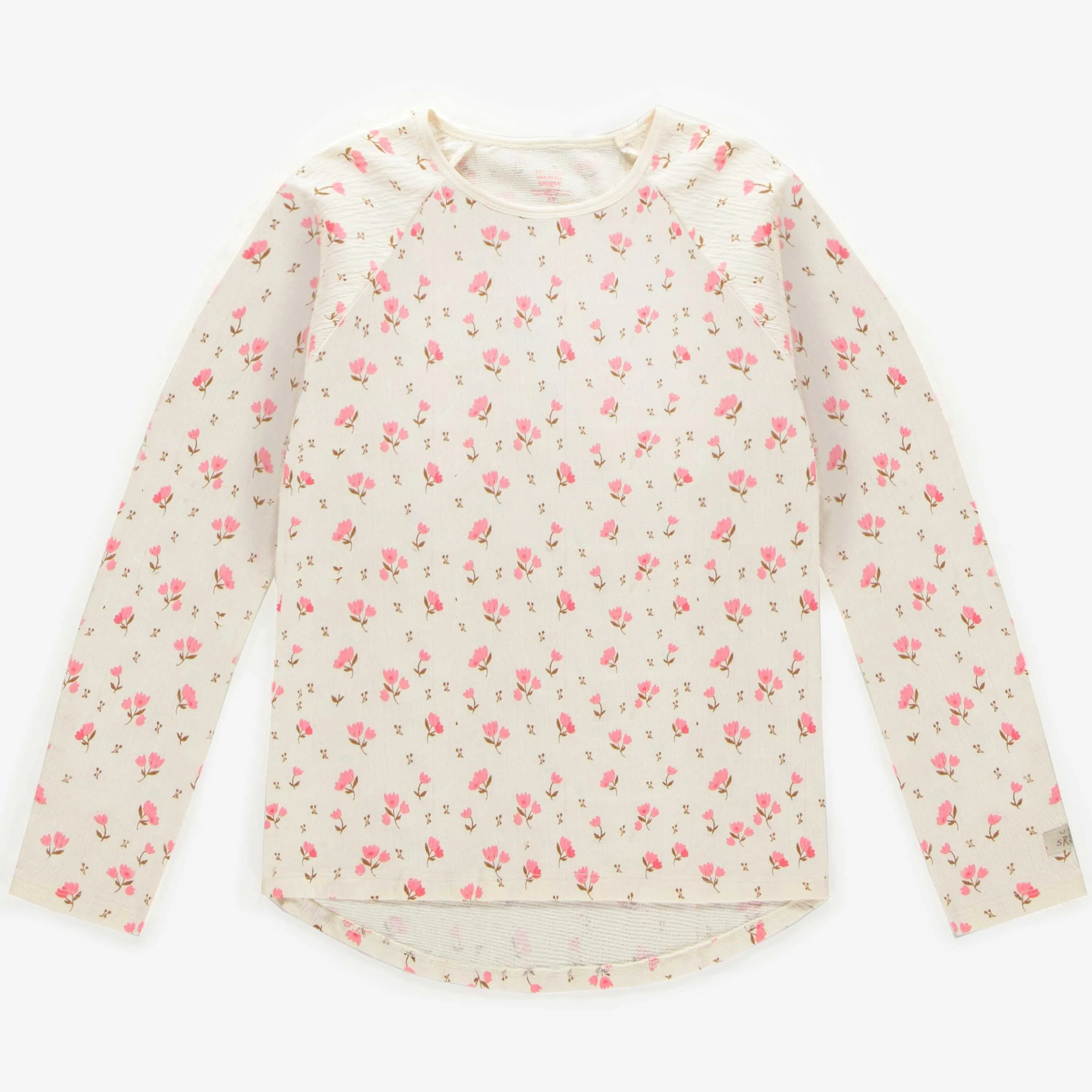 Haut de pyjama crème avec un motif fleuri rose en jersey crêpé, adulte || Cream pajama top with a pink floral print in crinkle jersey, adult