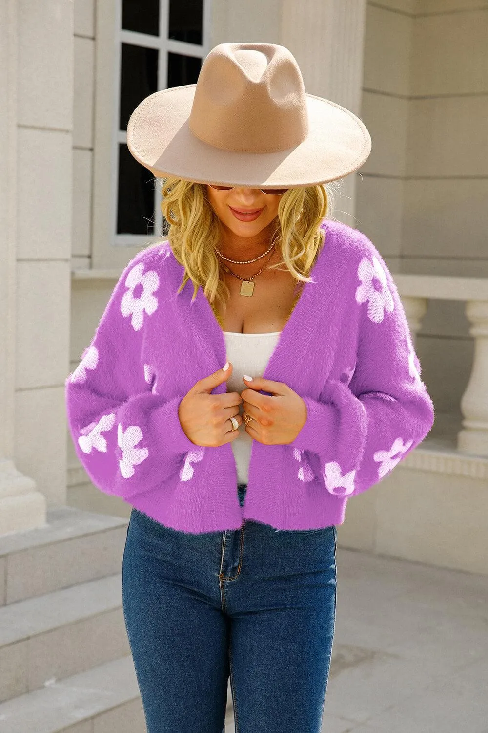 Hazel Blues® | Floral Open Front Fuzzy Cardigan